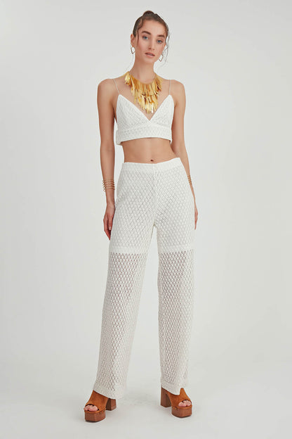 ZIPPERED LACE-INLAID TROUSERS