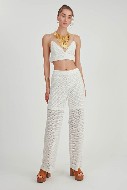 ZIPPERED LACE-INLAID TROUSERS