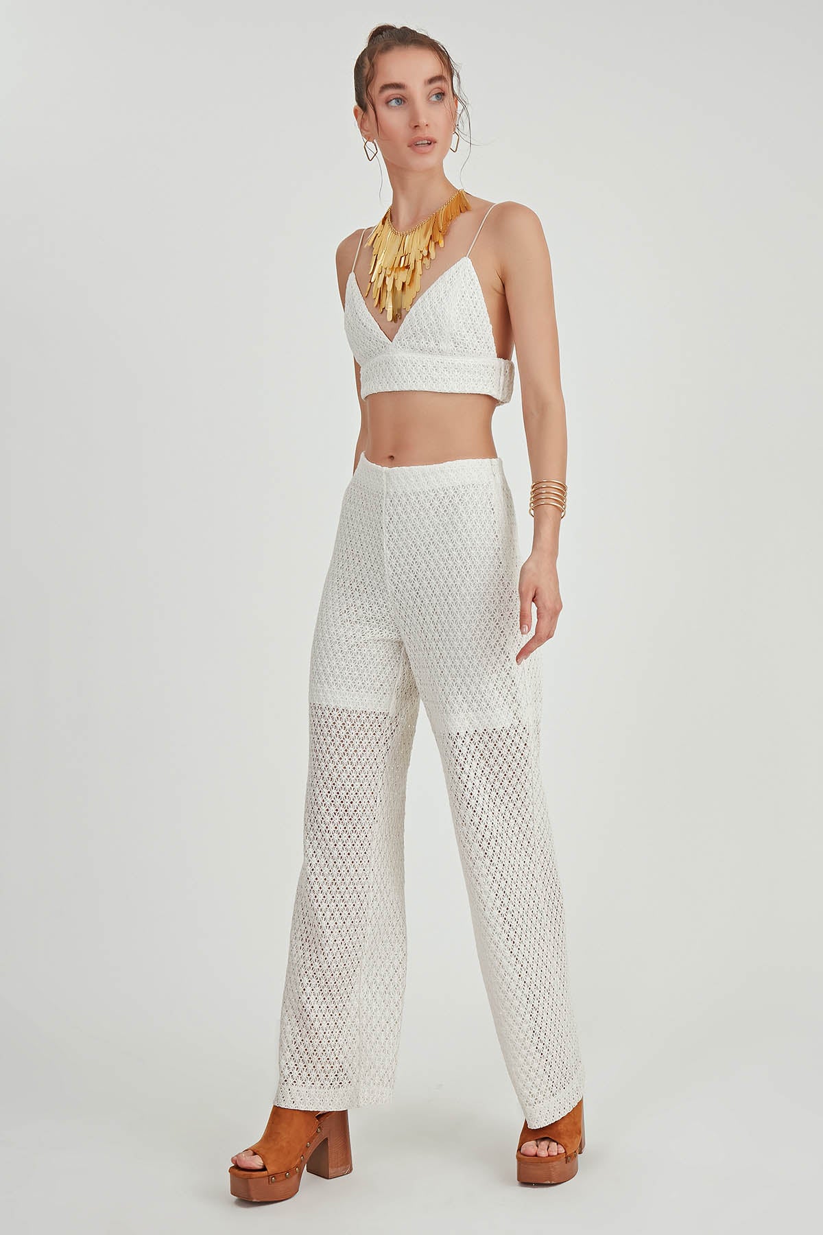 ZIPPERED LACE-INLAID TROUSERS