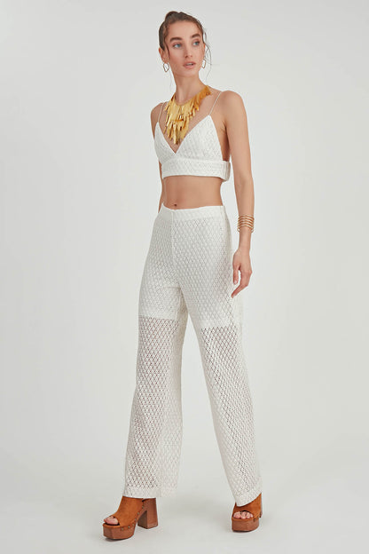 ZIPPERED LACE-INLAID TROUSERS