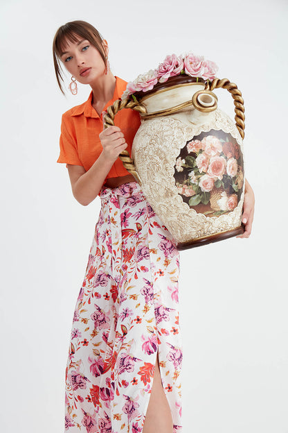 TROUSERS WITH FLOWERS, WAIST-BINDING
