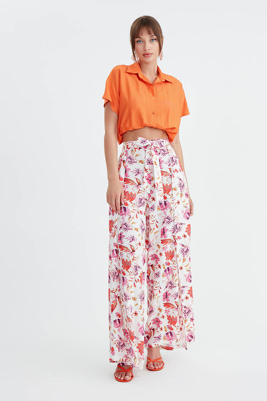 TROUSERS WITH FLOWERS, WAIST-BINDING