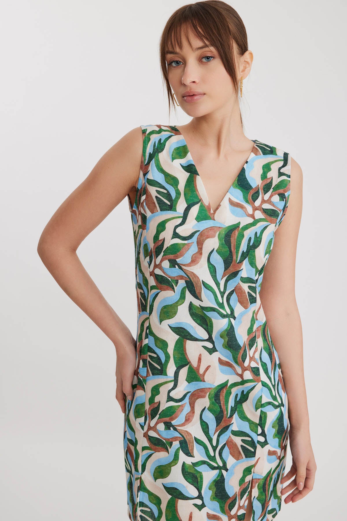 LEAF PATTERN V COLLAR SPLIT DRESS