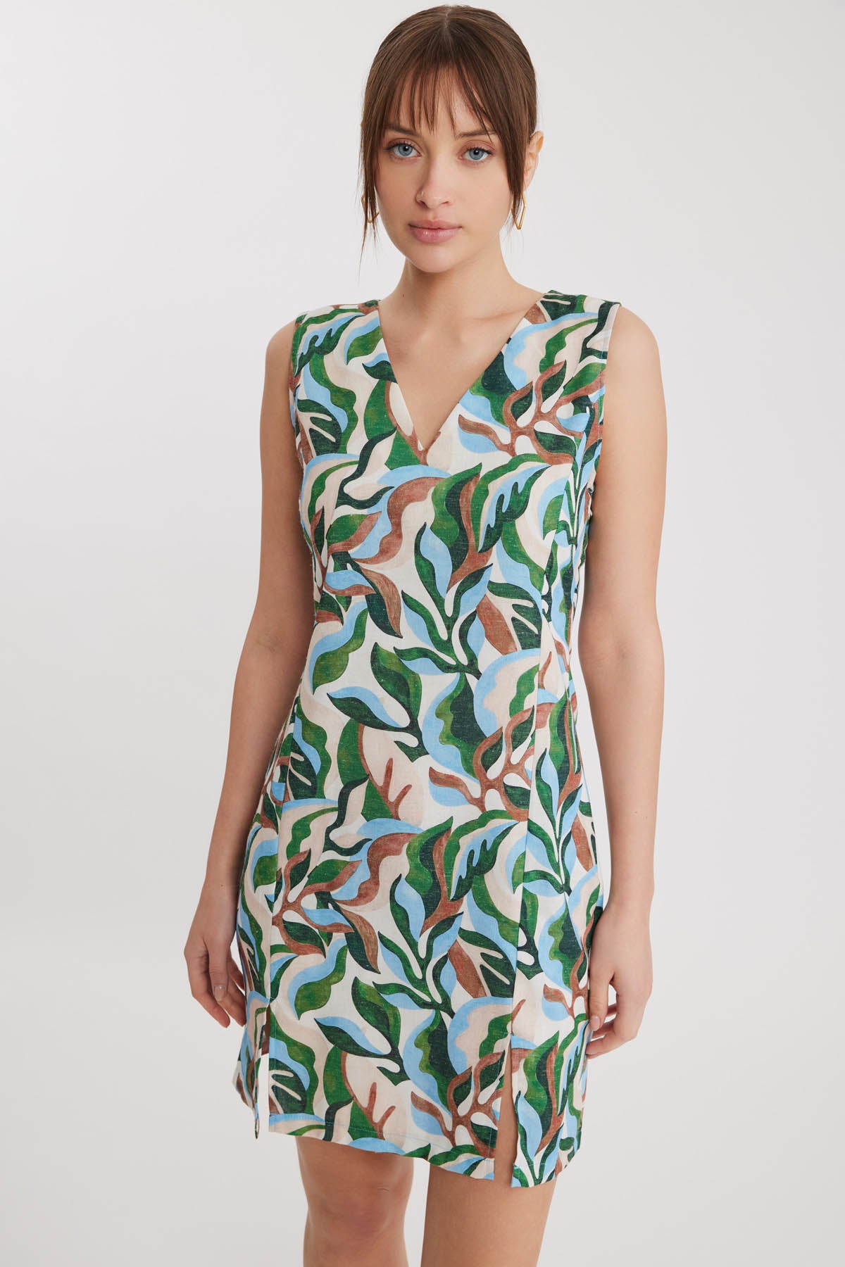 LEAF PATTERN V COLLAR SPLIT DRESS
