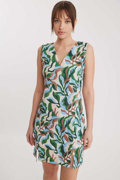 LEAF PATTERN V COLLAR SPLIT DRESS