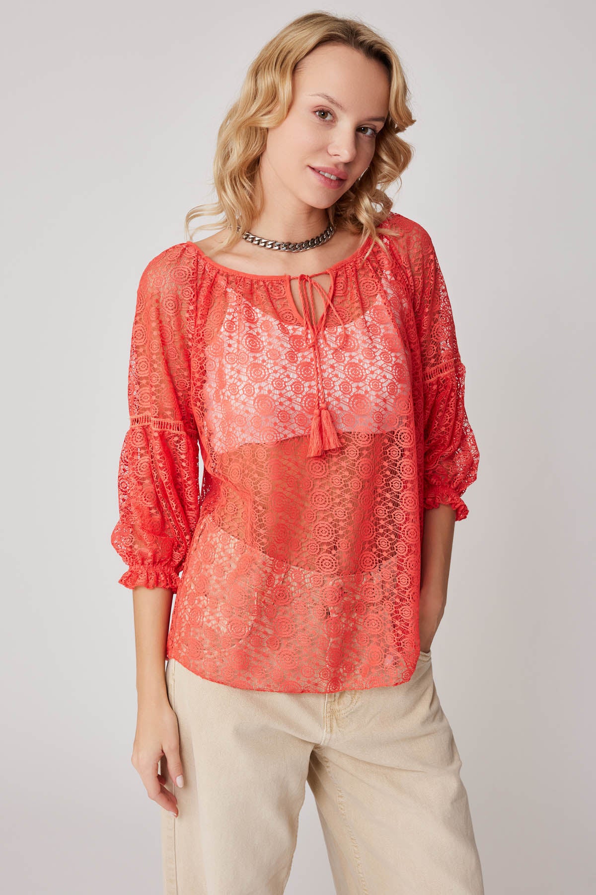 HALF-SLEEVE TRANSPARENT BLOUSE