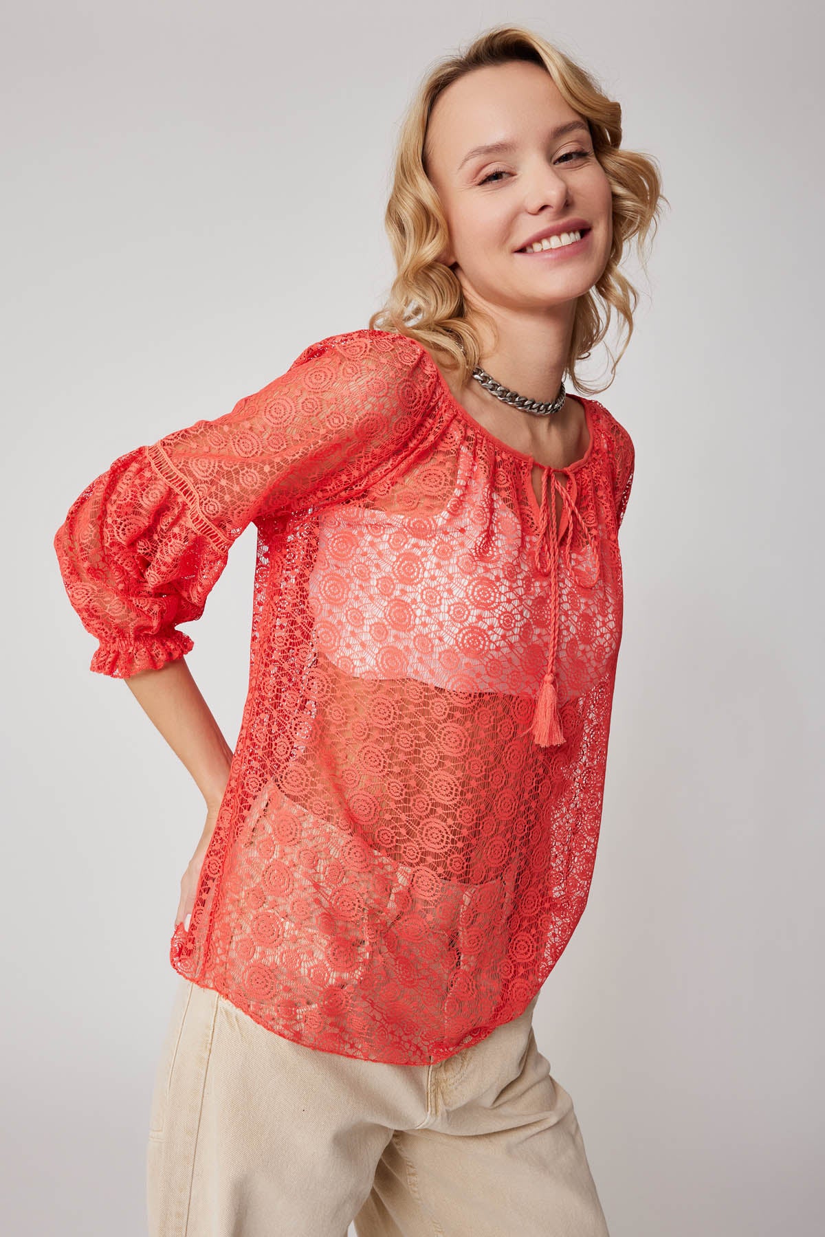 HALF-SLEEVE TRANSPARENT BLOUSE