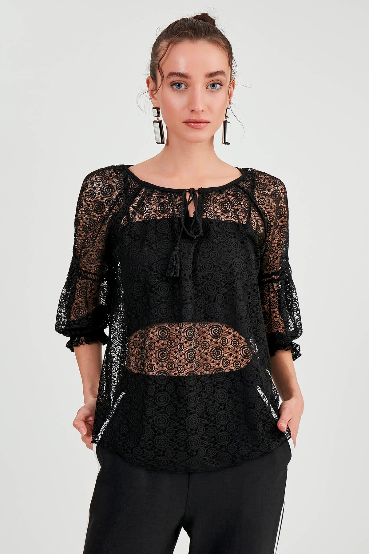 HALF-SLEEVE TRANSPARENT BLOUSE