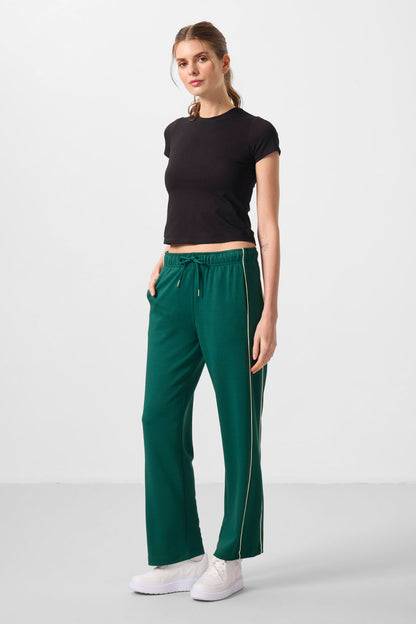 Green Soft Textured Side Panel Detailed Wide Leg Women's Palazzo Trousers - 94669