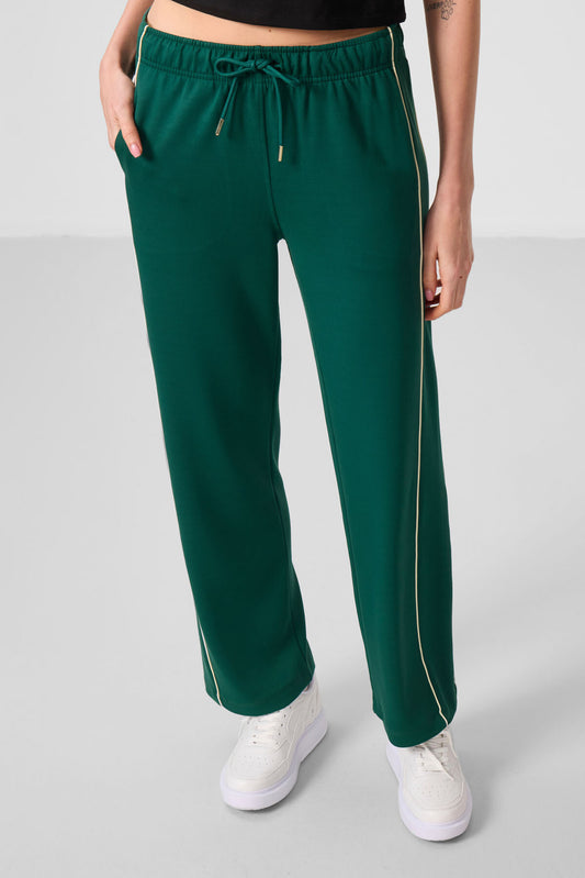 Green Soft Textured Side Panel Detailed Wide Leg Women's Palazzo Trousers - 94669