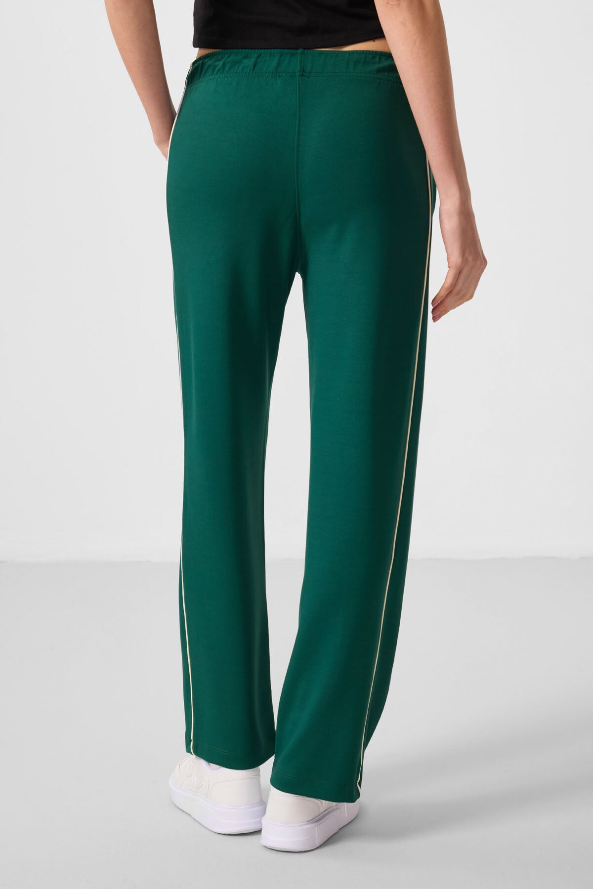 Green Soft Textured Side Panel Detailed Wide Leg Women's Palazzo Trousers - 94669