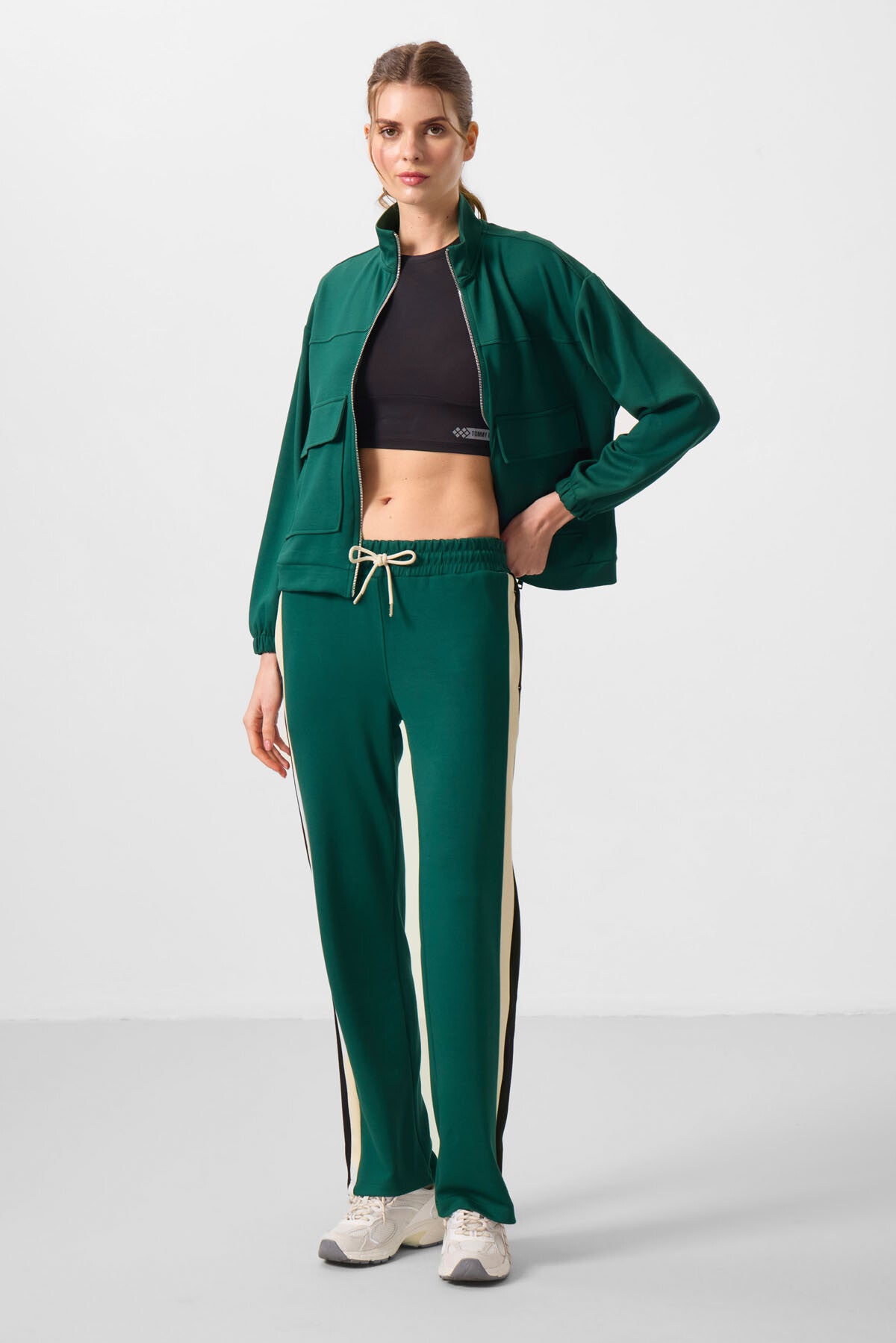 Green Soft Textured Side Panel Detailed Wide Leg Women's Palazzo Trousers - 94671