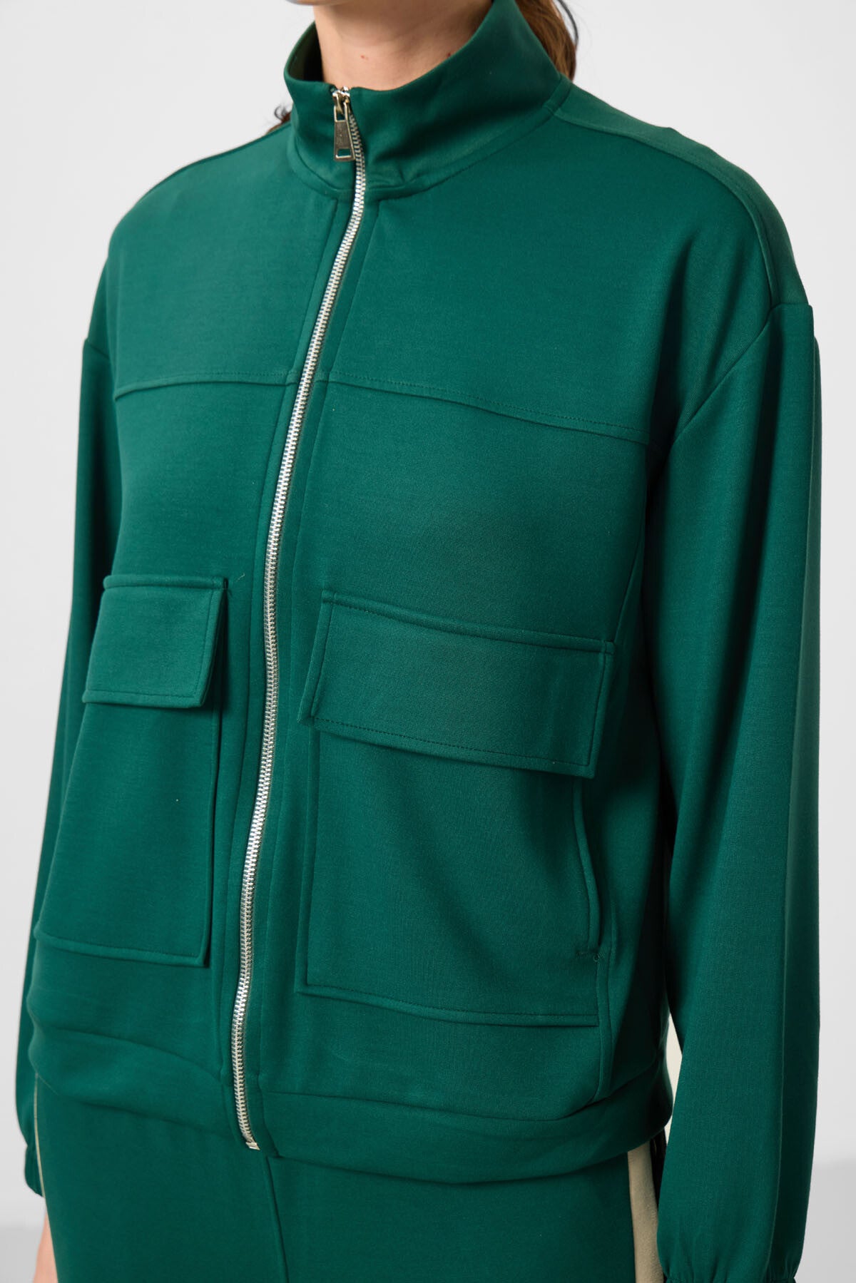 Green Soft Textured High Collar Oversize Cargo Pocket Women's Crop Top Sweatshirt - 97301