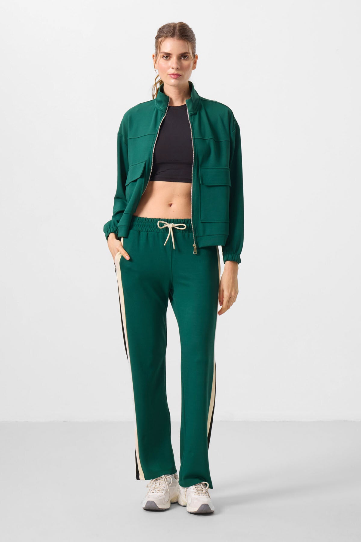 Green Soft Textured High Collar Oversize Cargo Pocket Women's Crop Top Sweatshirt - 97301