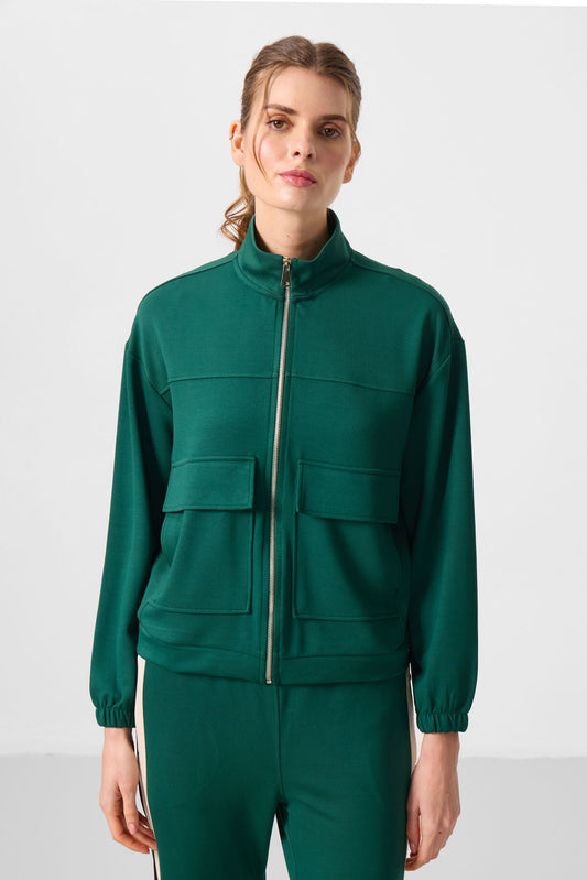 Green Soft Textured High Collar Oversize Cargo Pocket Women's Crop Top Sweatshirt - 97301