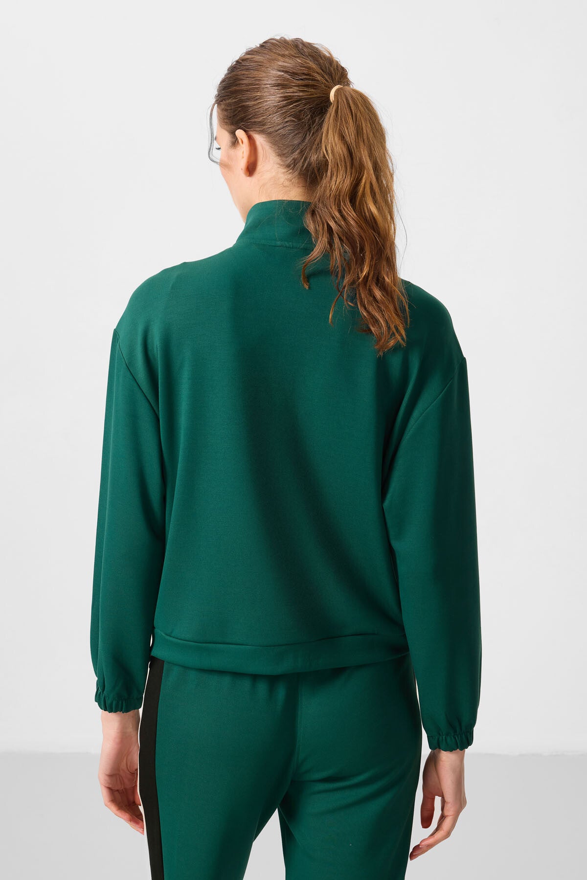 Green Soft Textured High Collar Oversize Cargo Pocket Women's Crop Top Sweatshirt - 97301