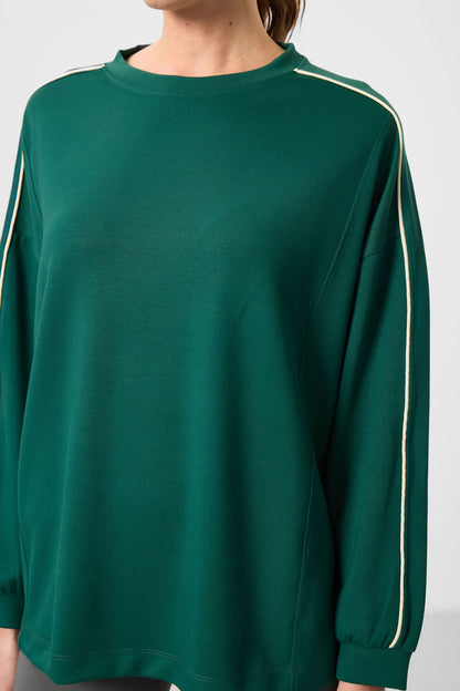 Green Soft Textured O Collar Oversize Women's Tunic Sweatshirt - 97303