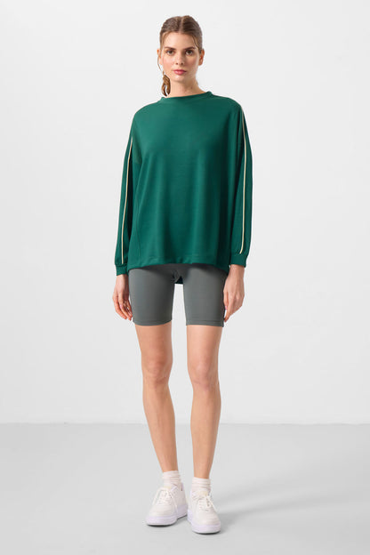 Green Soft Textured O Collar Oversize Women's Tunic Sweatshirt - 97303