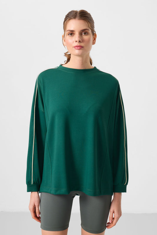 Green Soft Textured O Collar Oversize Women's Tunic Sweatshirt - 97303