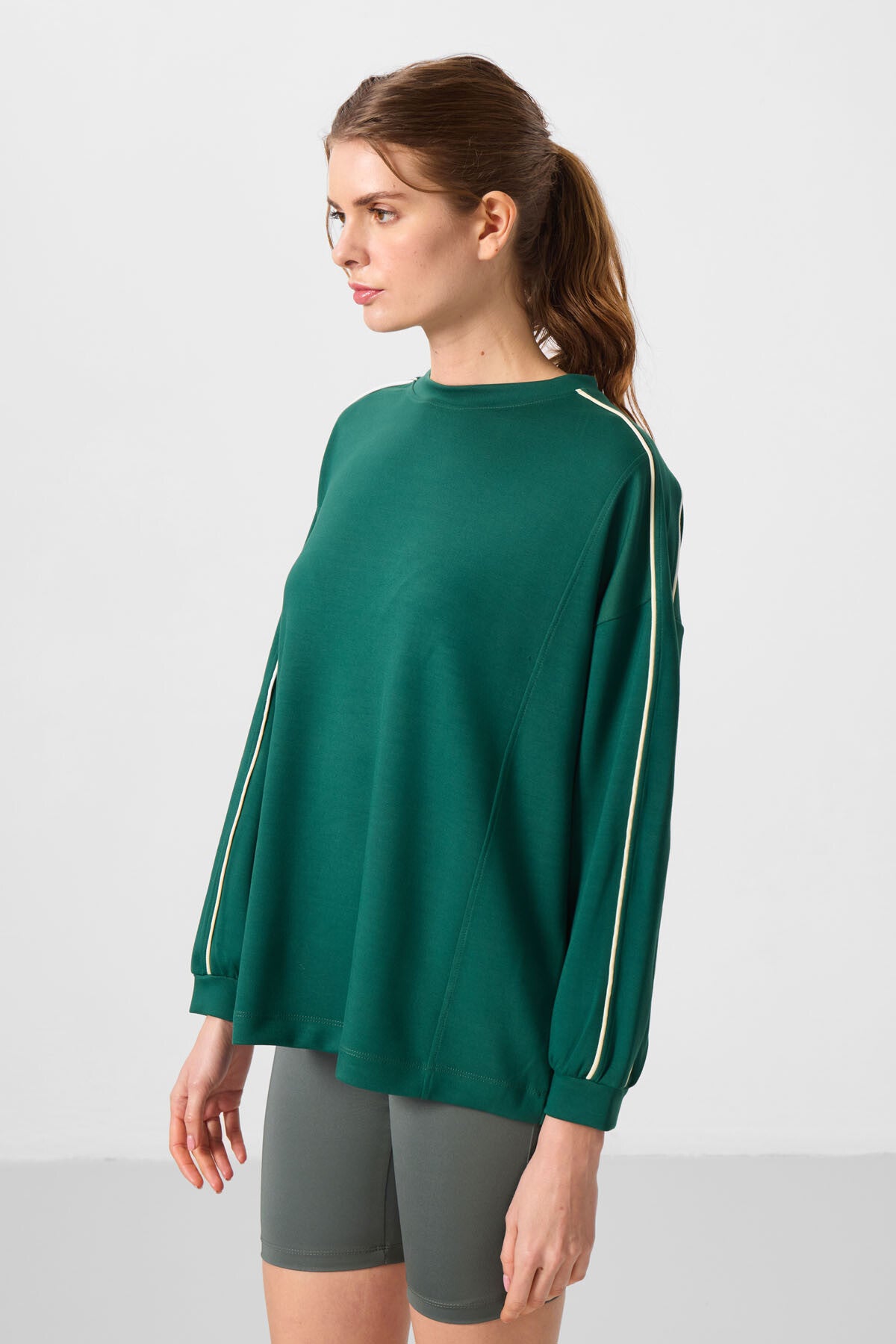 Green Soft Textured O Collar Oversize Women's Tunic Sweatshirt - 97303