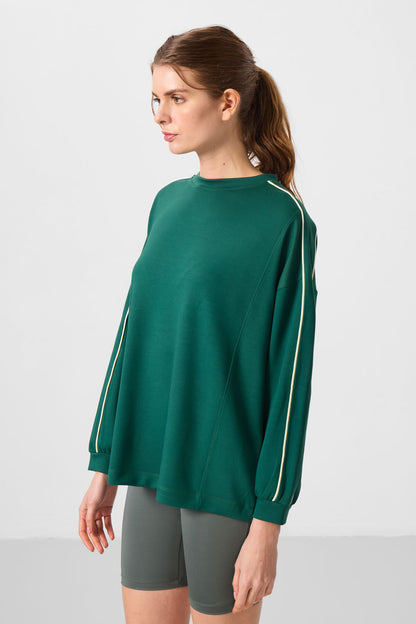 Green Soft Textured O Collar Oversize Women's Tunic Sweatshirt - 97303