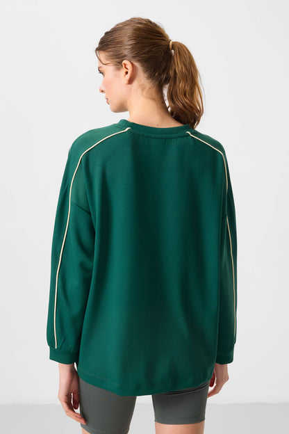 Green Soft Textured O Collar Oversize Women's Tunic Sweatshirt - 97303