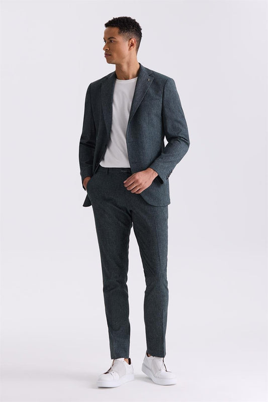 Green Slim Fit Single Collar Linen Suit,