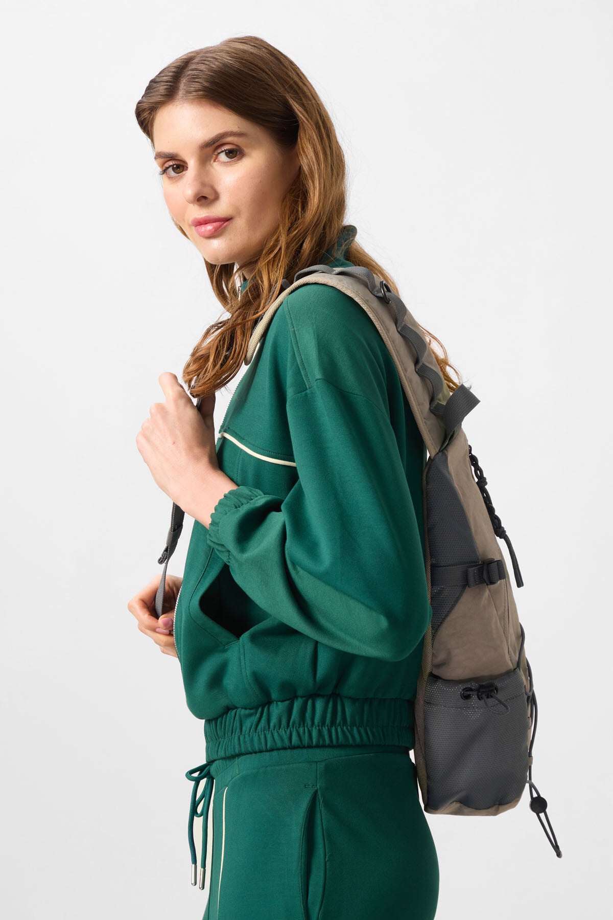 Green Soft Textured High Collar Oversize Elastane Women's Tracksuit Set - 95349