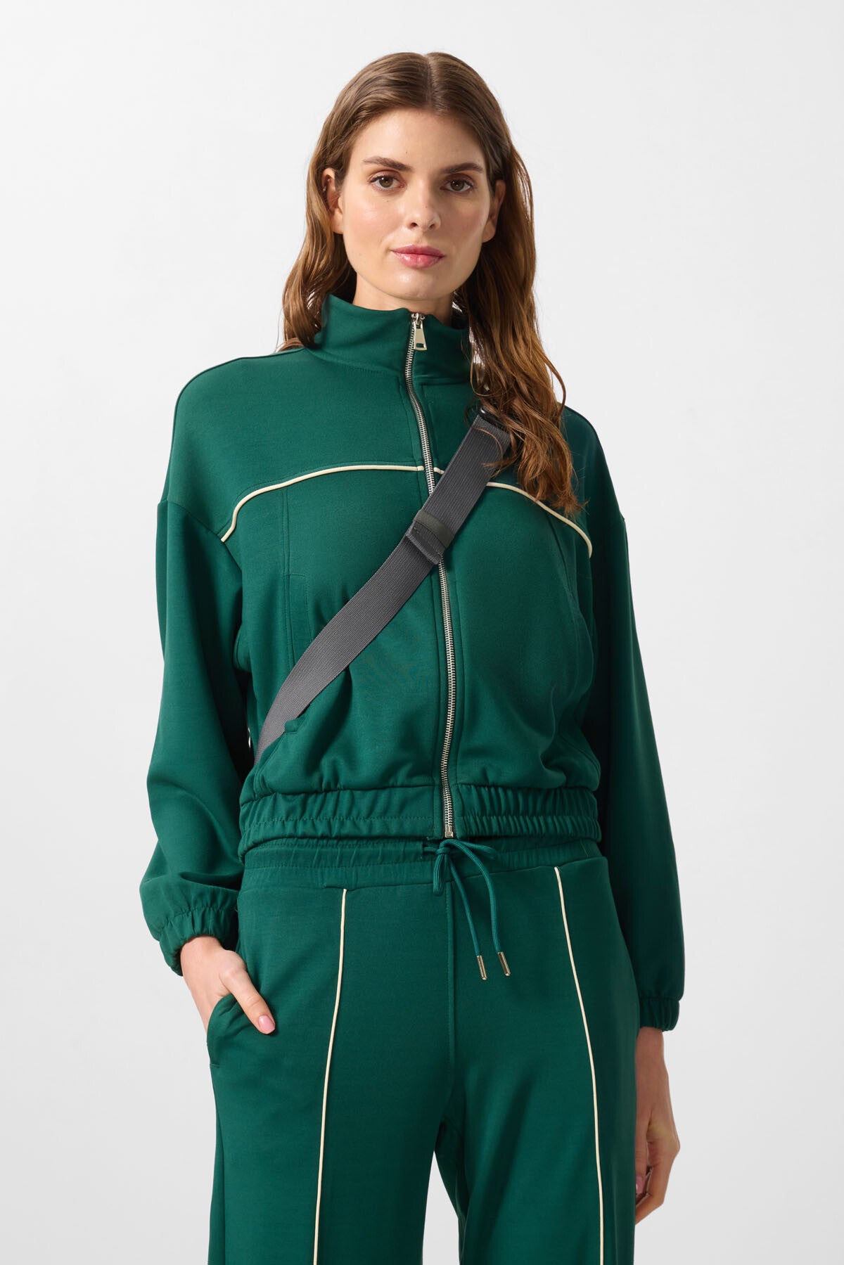 Green Soft Textured High Collar Oversize Elastane Women's Tracksuit Set - 95349