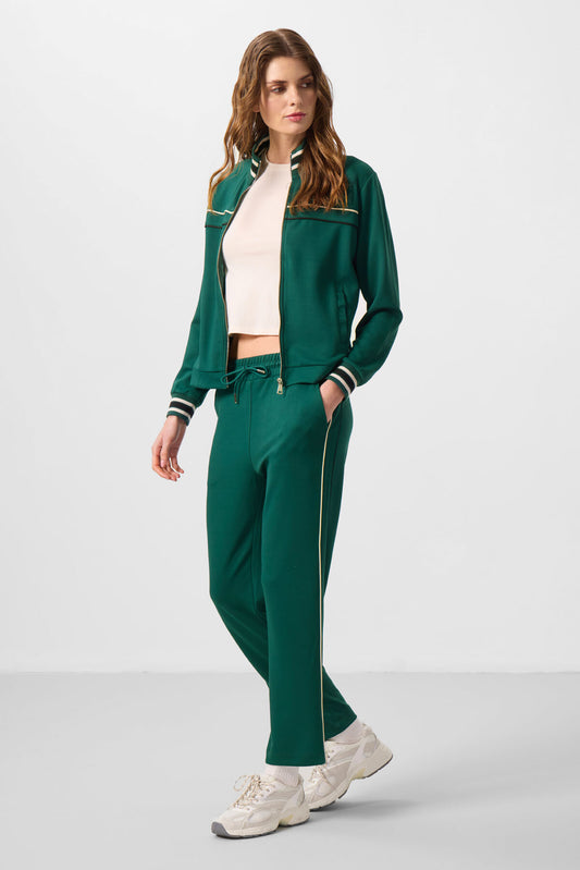 Green Soft Textured Knitted High Collar Oversize Women's Tracksuit Set - 95350