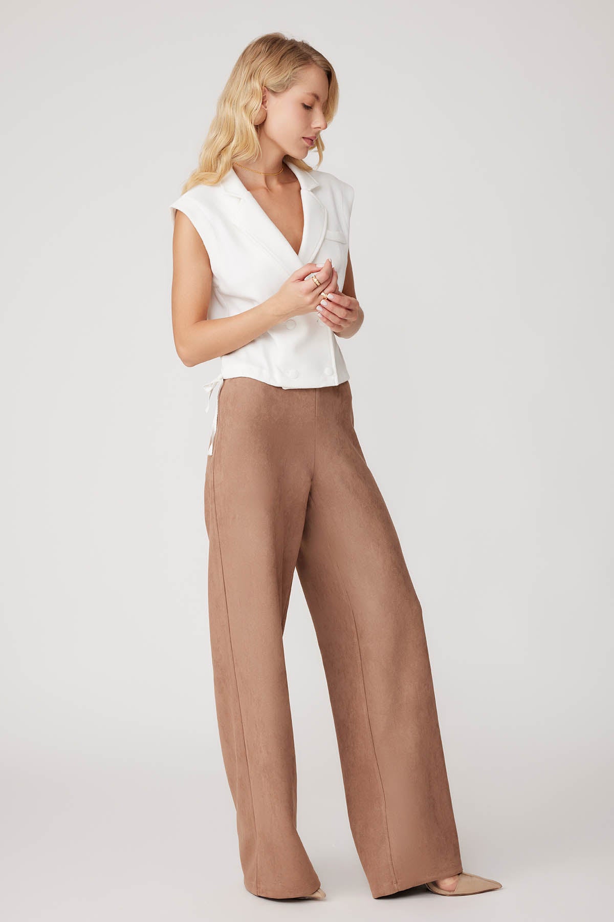 HIGH WAIST WIDE LEG ZIPPERED TROUSERS
