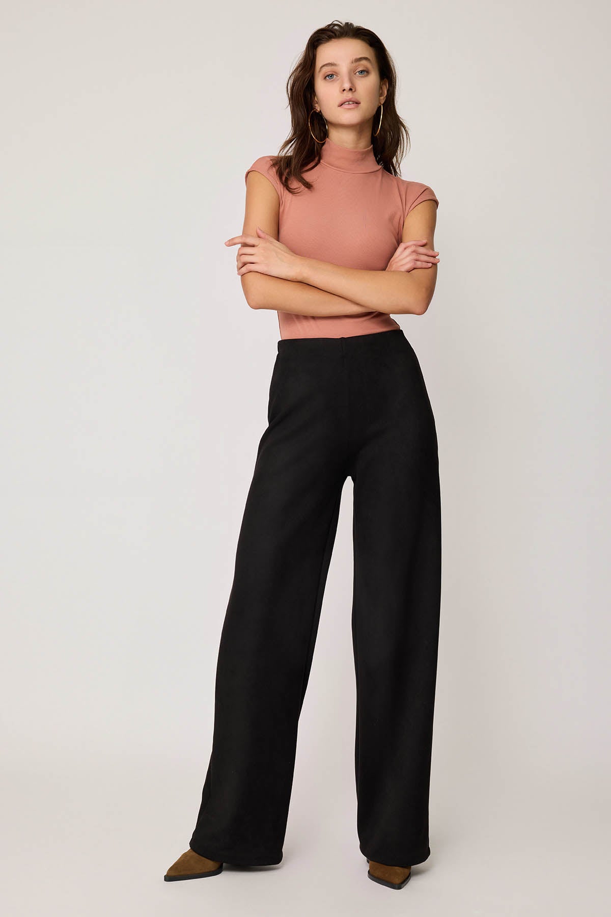 HIGH WAIST WIDE LEG ZIPPERED TROUSERS