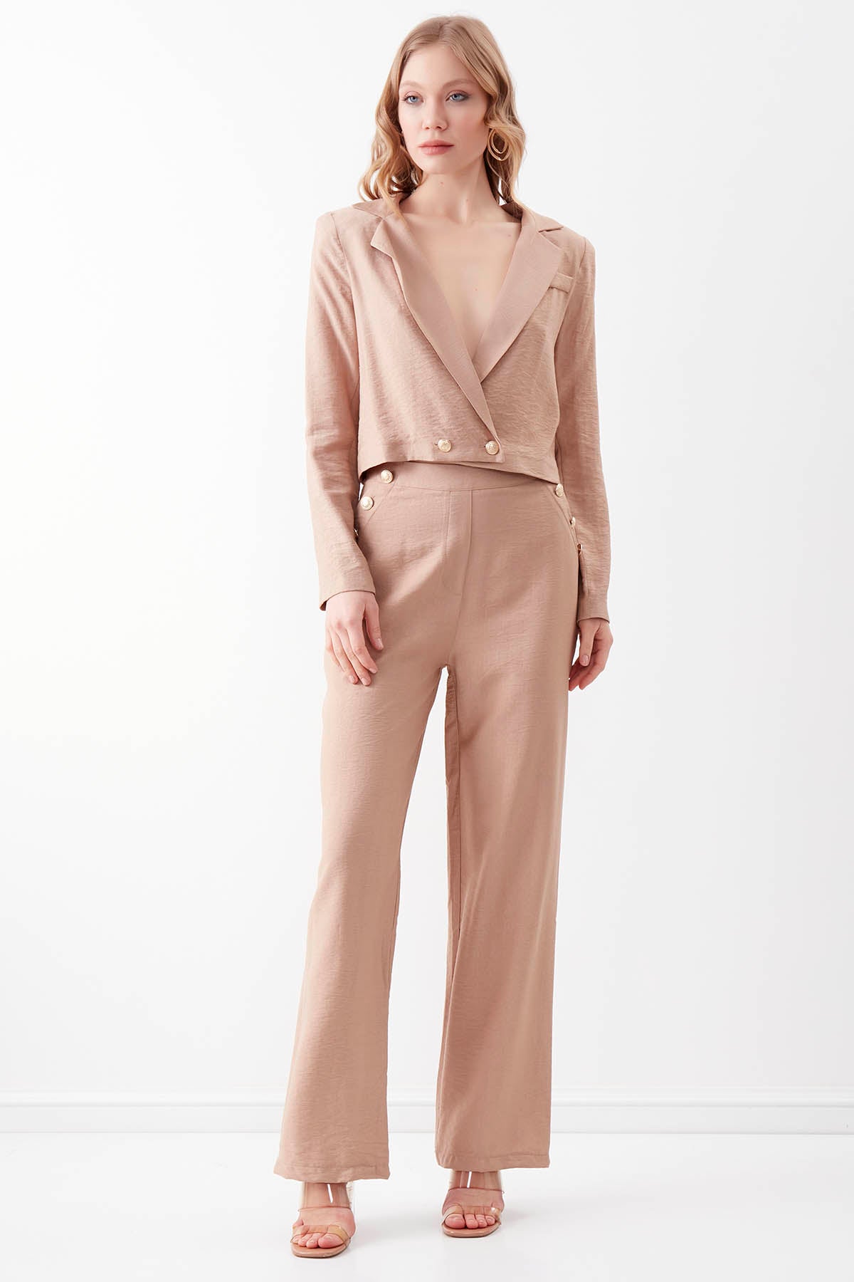 HIGH-WAIST GOLD BUTTON WIDE-ASPECT TROUSERS