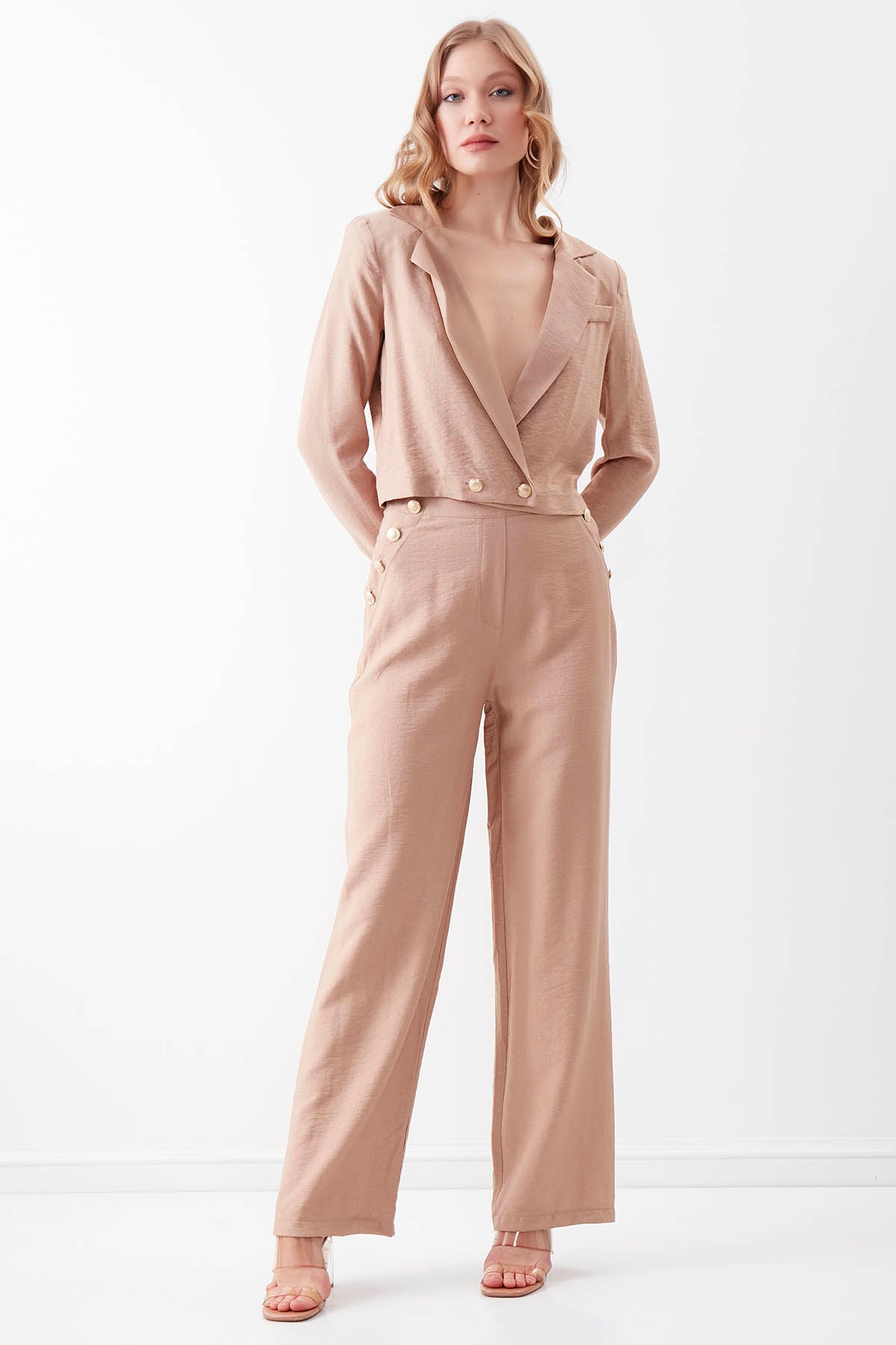 HIGH-WAIST GOLD BUTTON WIDE-ASPECT TROUSERS