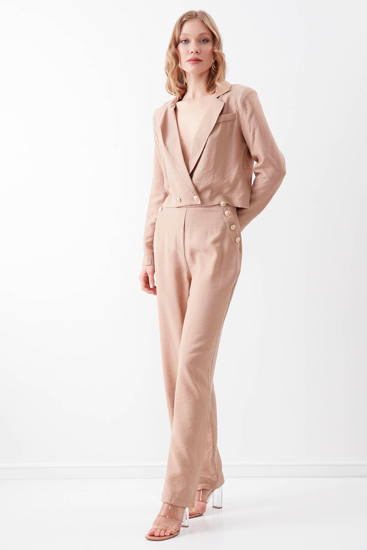 HIGH-WAIST GOLD BUTTON WIDE-ASPECT TROUSERS