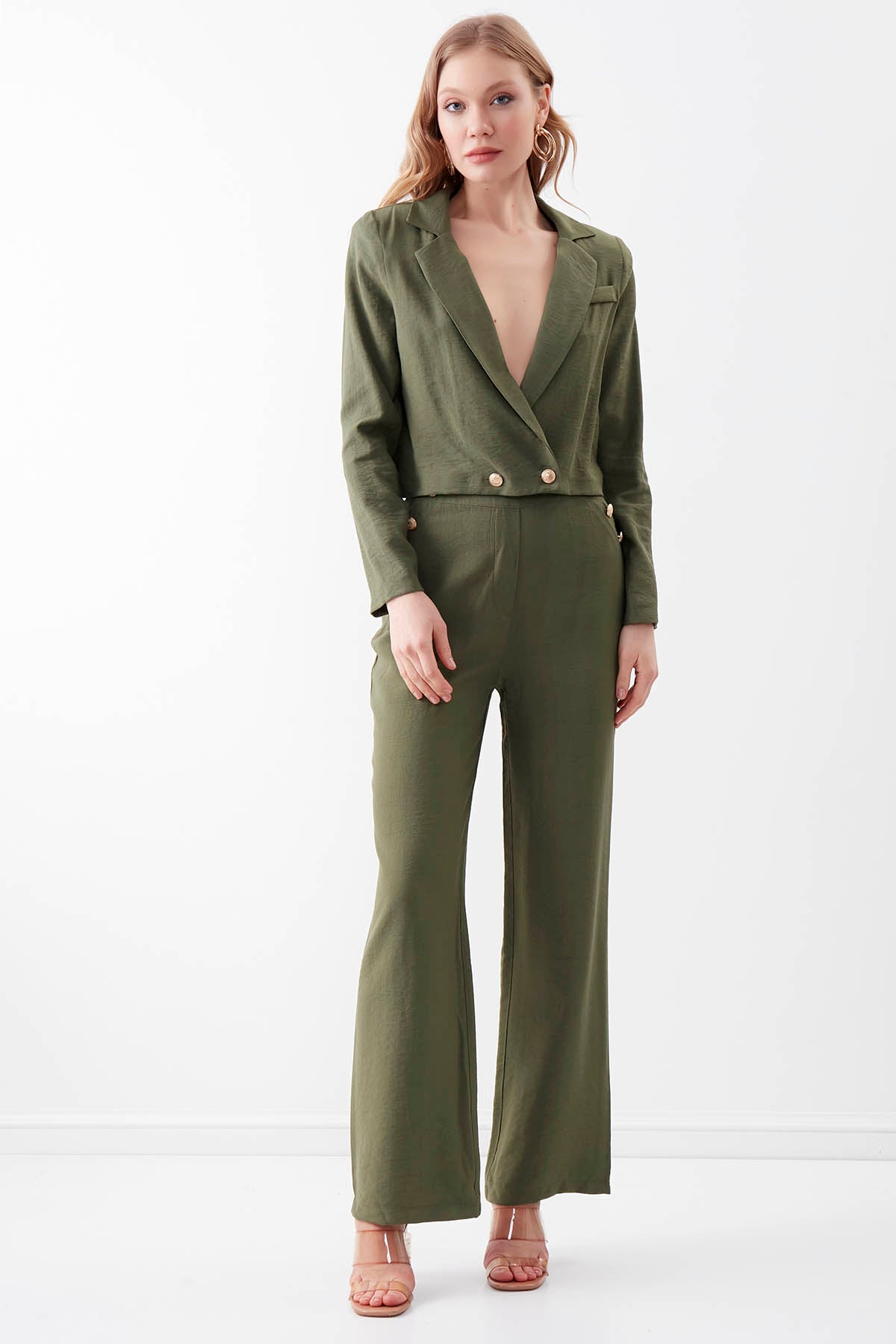HIGH-WAIST GOLD BUTTON WIDE-ASPECT TROUSERS