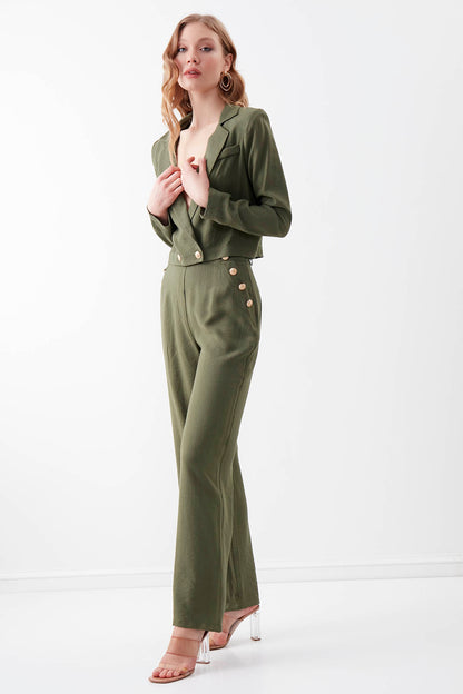 HIGH-WAIST GOLD BUTTON WIDE-ASPECT TROUSERS