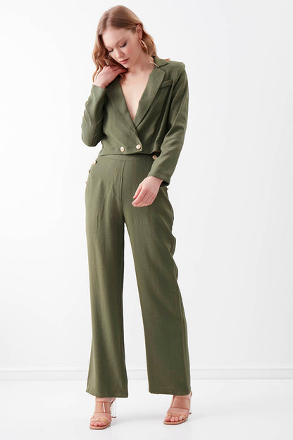 HIGH-WAIST GOLD BUTTON WIDE-ASPECT TROUSERS