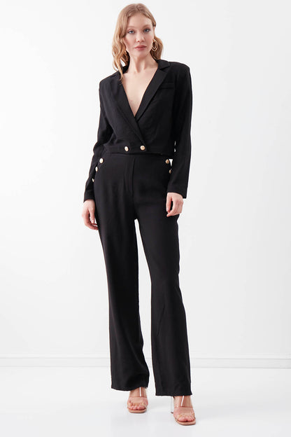 HIGH-WAIST GOLD BUTTON WIDE-ASPECT TROUSERS