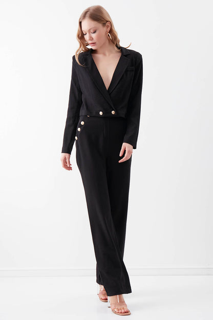 HIGH-WAIST GOLD BUTTON WIDE-ASPECT TROUSERS