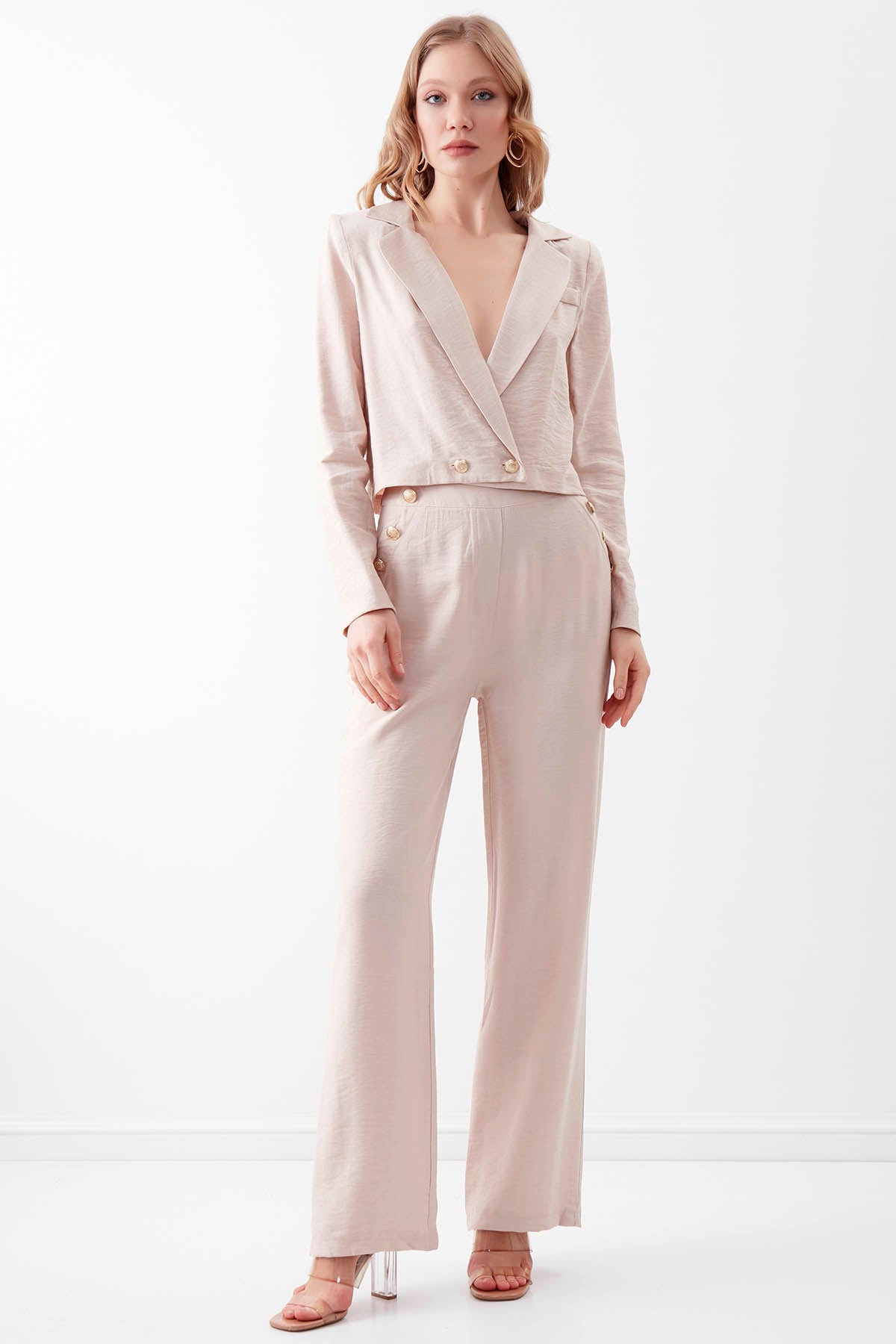 HIGH-WAIST GOLD BUTTON WIDE-ASPECT TROUSERS