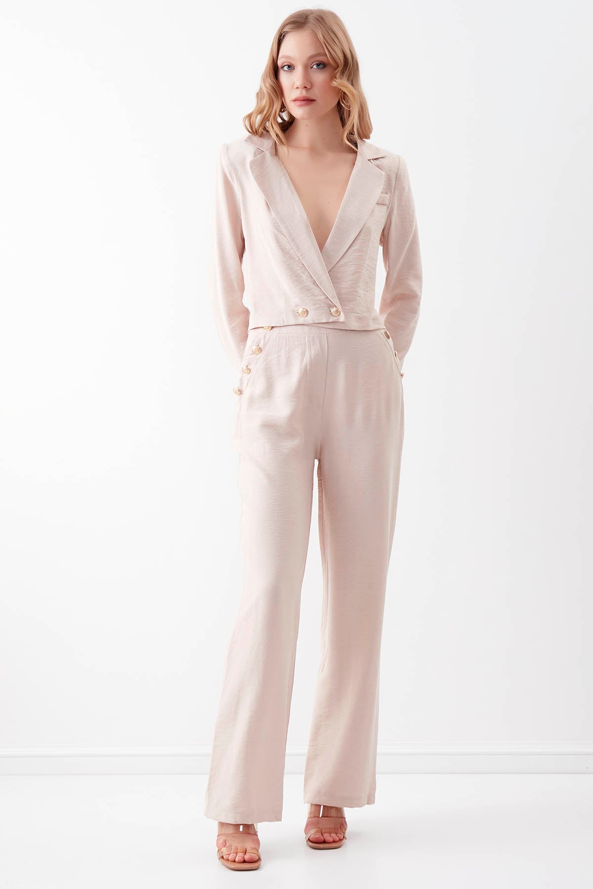 HIGH-WAIST GOLD BUTTON WIDE-ASPECT TROUSERS