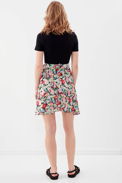 SHORT SLEEVE DRESS WITH ROUND COLLAR & MULTICOLOR PATTERN