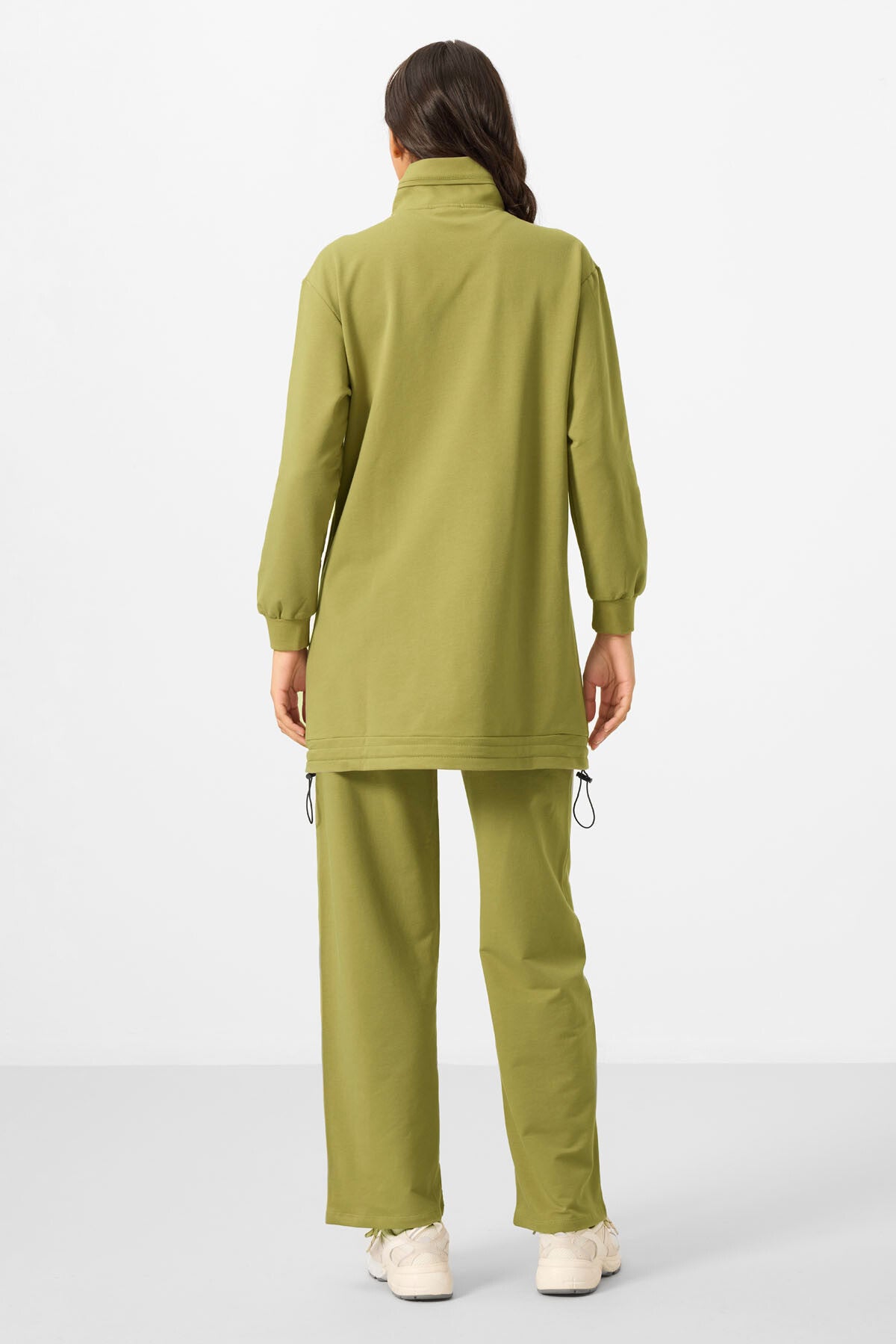 Olive Green Stand-Up Collar Zippered Cotton Women's Tracksuit Tunic Set - 95346