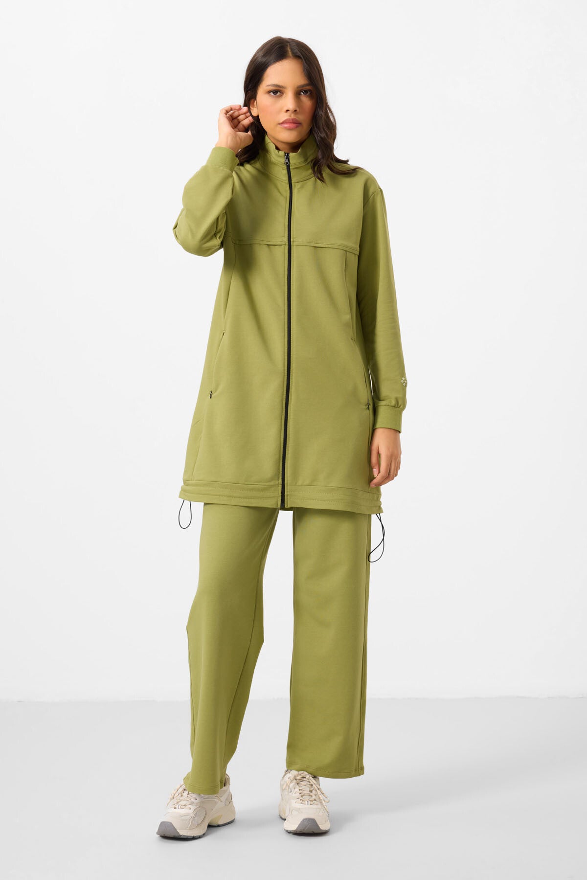 Olive Green Stand-Up Collar Zippered Cotton Women's Tracksuit Tunic Set - 95346