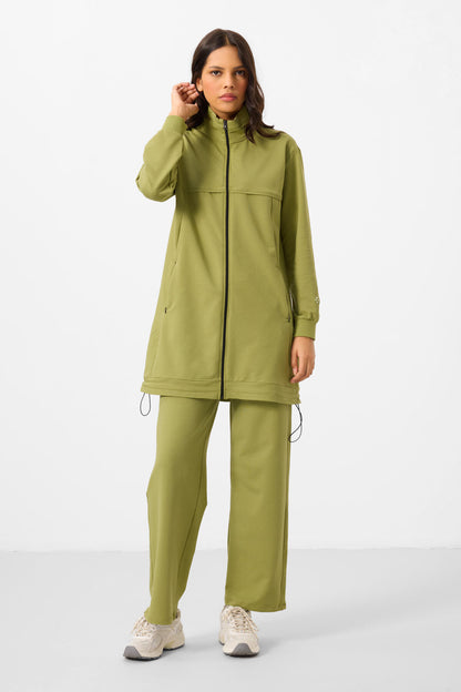 Olive Green Stand-Up Collar Zippered Cotton Women's Tracksuit Tunic Set - 95346