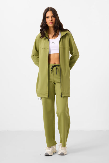 Olive Green Stand-Up Collar Zippered Cotton Women's Tracksuit Tunic Set - 95346