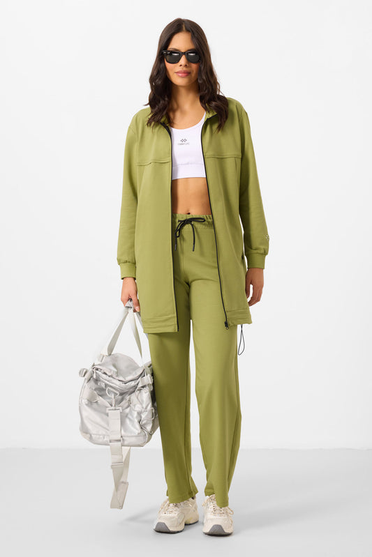 Olive Green Stand-Up Collar Zippered Cotton Women's Tracksuit Tunic Set - 95346