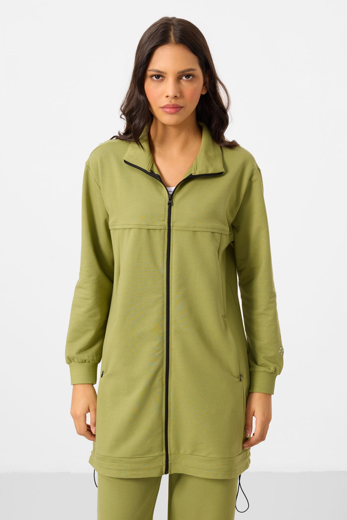Olive Green Stand-Up Collar Zippered Cotton Women's Tracksuit Tunic Set - 95346