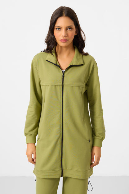 Olive Green Stand-Up Collar Zippered Cotton Women's Tracksuit Tunic Set - 95346